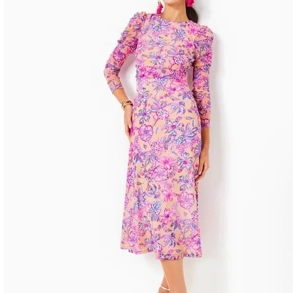knee length dresses for ladies Bebe Women's Mesh Inset Long Sleeve Midi Dress main image 0